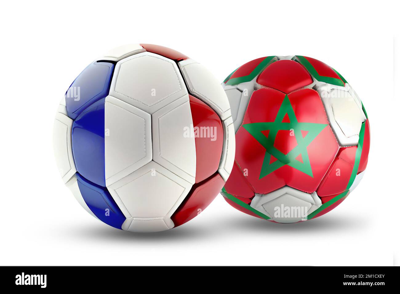 Palle da calcio francesi e marocchine. immagine 3d su una coppa finale con sfondo bianco Foto Stock