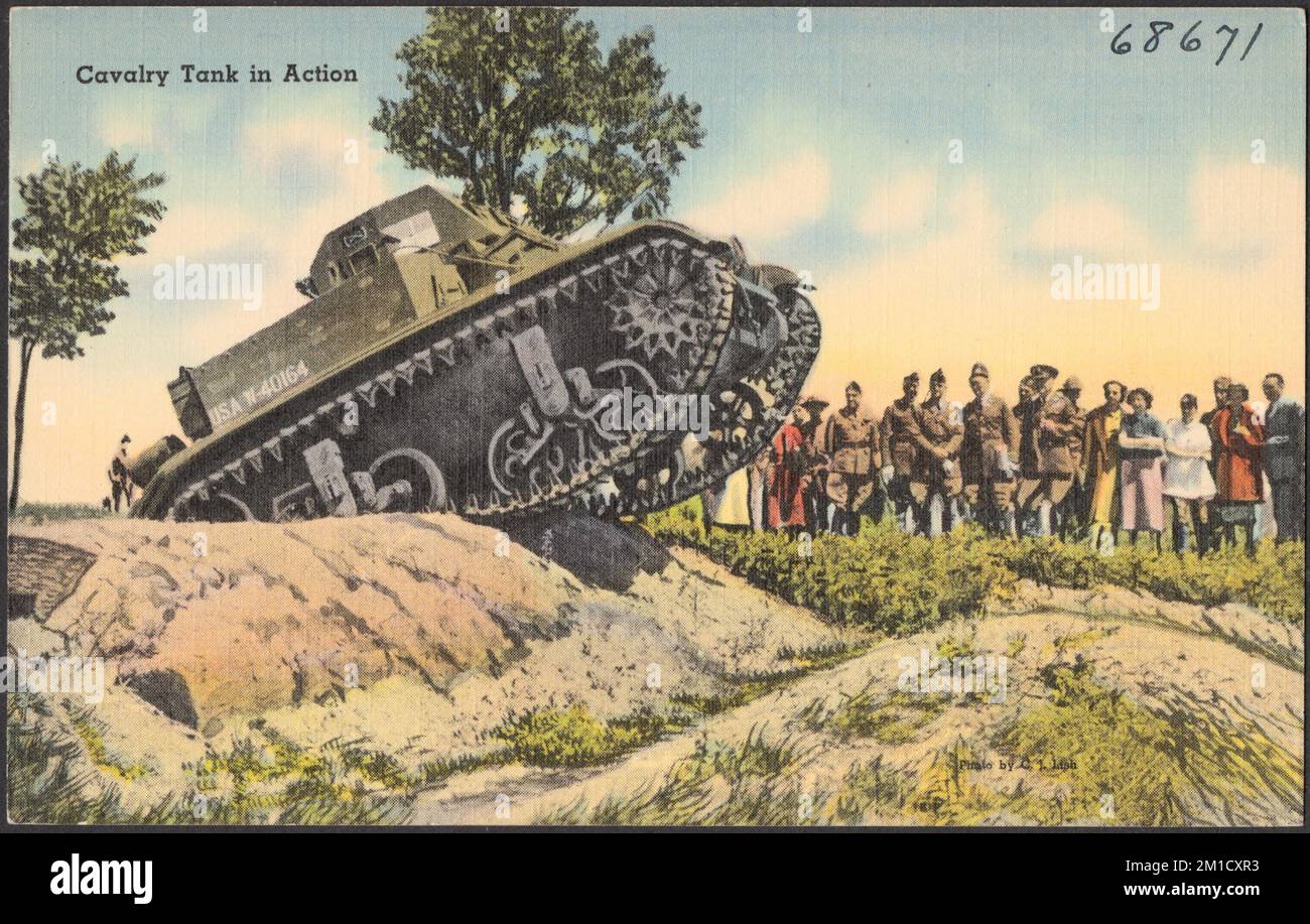 Carro armato di cavalleria in azione, carri armati Scienza militare, personale militare, strutture militari, Tichnor Brothers Collection, Cartoline degli Stati Uniti Foto Stock