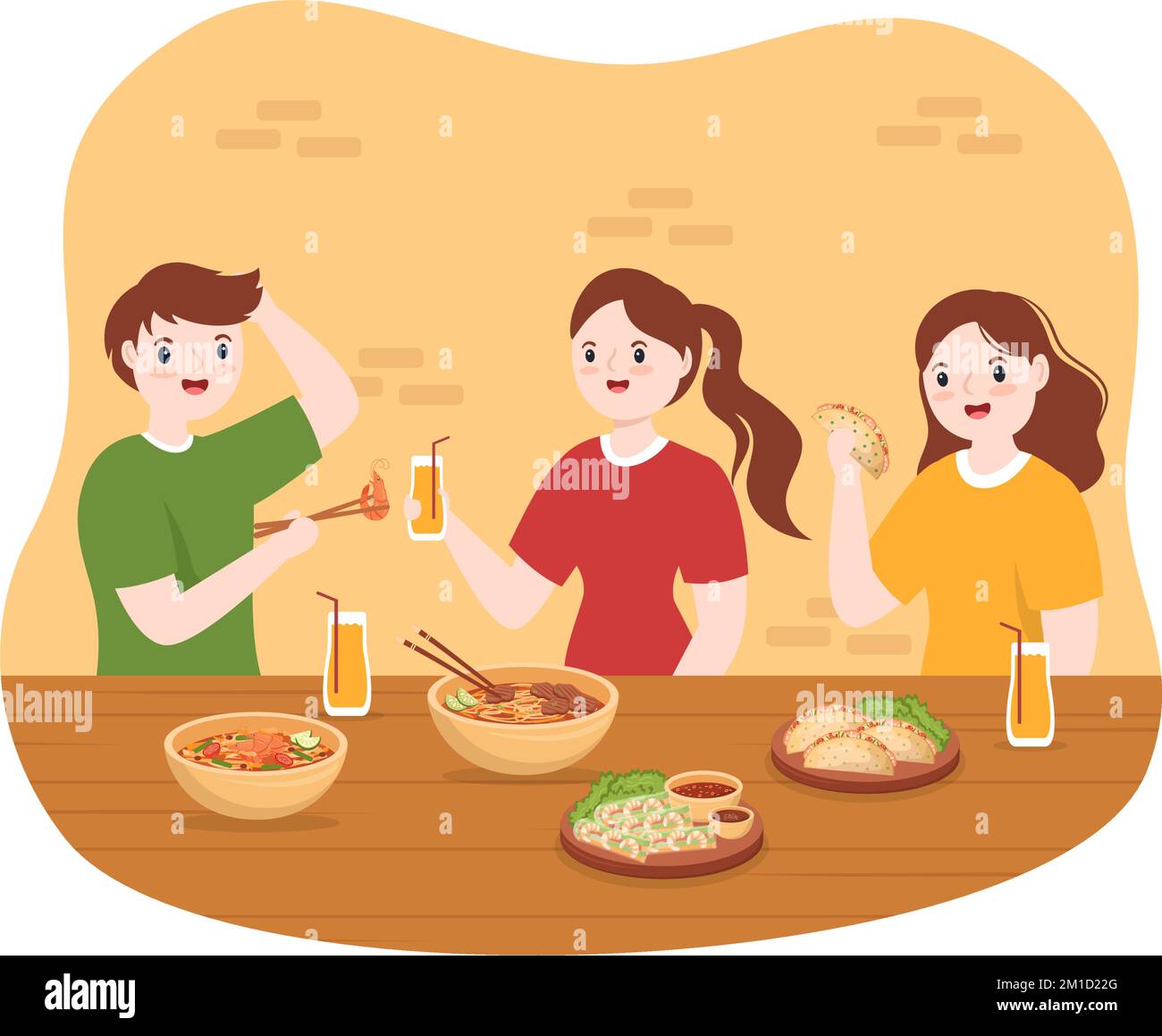 Vietnamita Food Restaurant Menu con collezione di vari piatti deliziosi cucina in stile piatto Cartoon Hand Drawed Templates Illustrazione Illustrazione Vettoriale