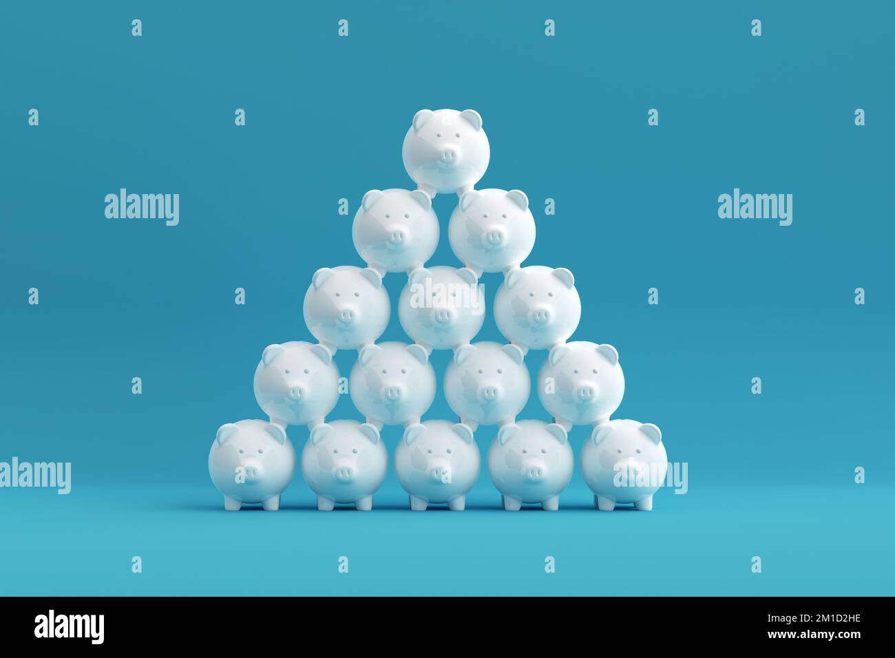 Concetto di crescita del risparmio o di accumulo di denaro. Torre piramidale di argine bianche impilate su sfondo blu. Rendering 3D. Foto Stock