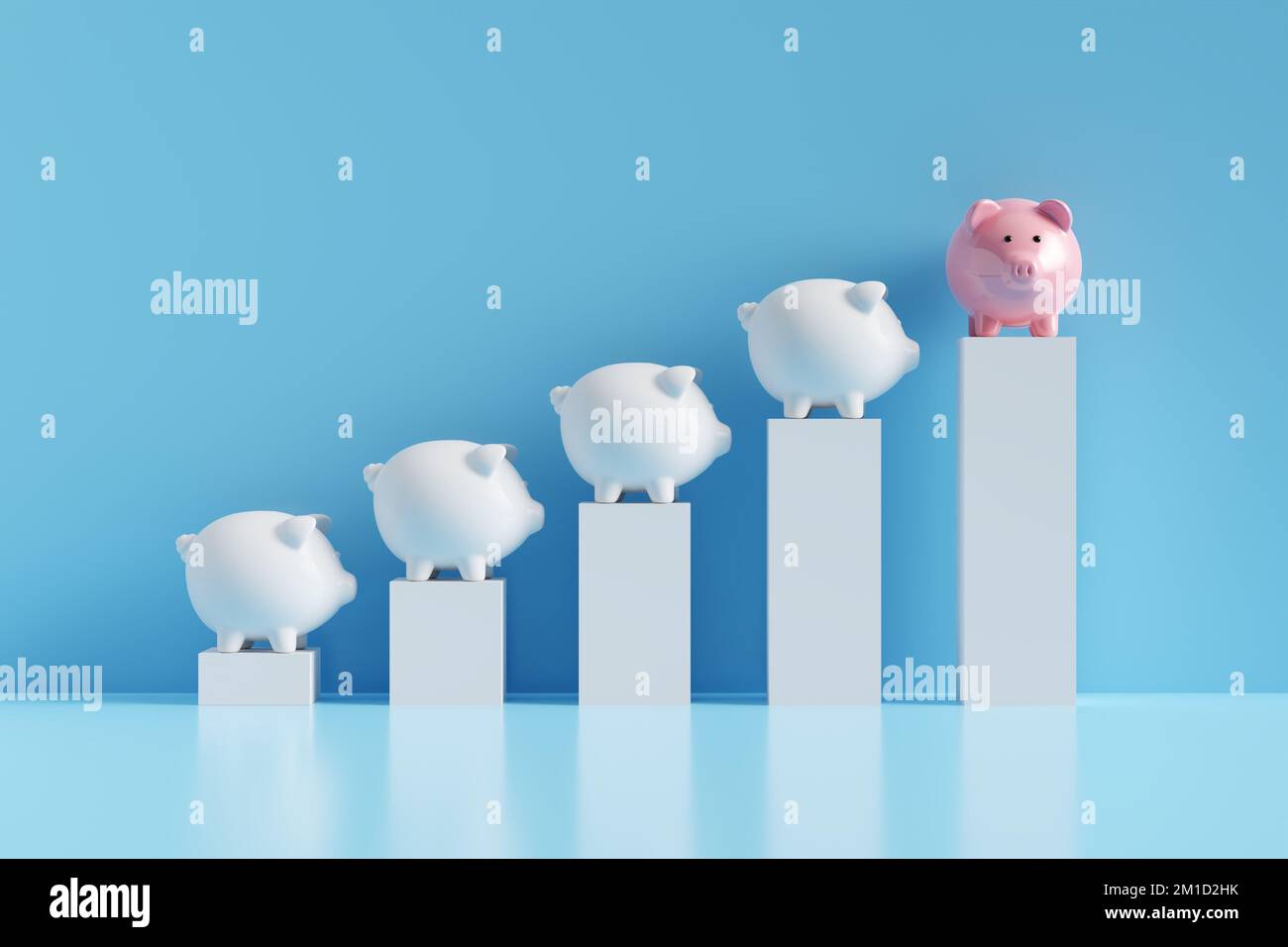 Concetto di crescita del risparmio. Piggy banks su piattaforme a grafo ascendente. Rendering 3D. Foto Stock