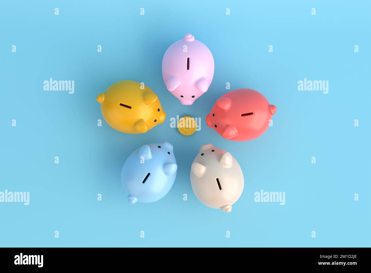 Disgregazione economica, riduzione dei risparmi e crisi finanziaria. Problema di distribuzione della ricchezza economica. Coloratissime banche di maialini si riunirono intorno a una moneta d'oro. 3D Foto Stock