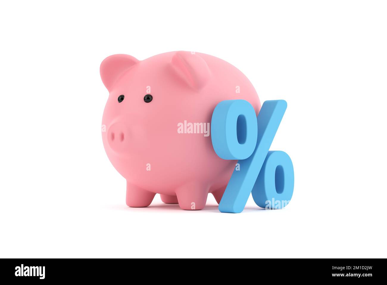 Percentuale di risparmio, rapporto di investimento o accumulo di denaro. Piggy bank con un segno di percentuale su sfondo bianco isolato. Rendering 3D. Foto Stock