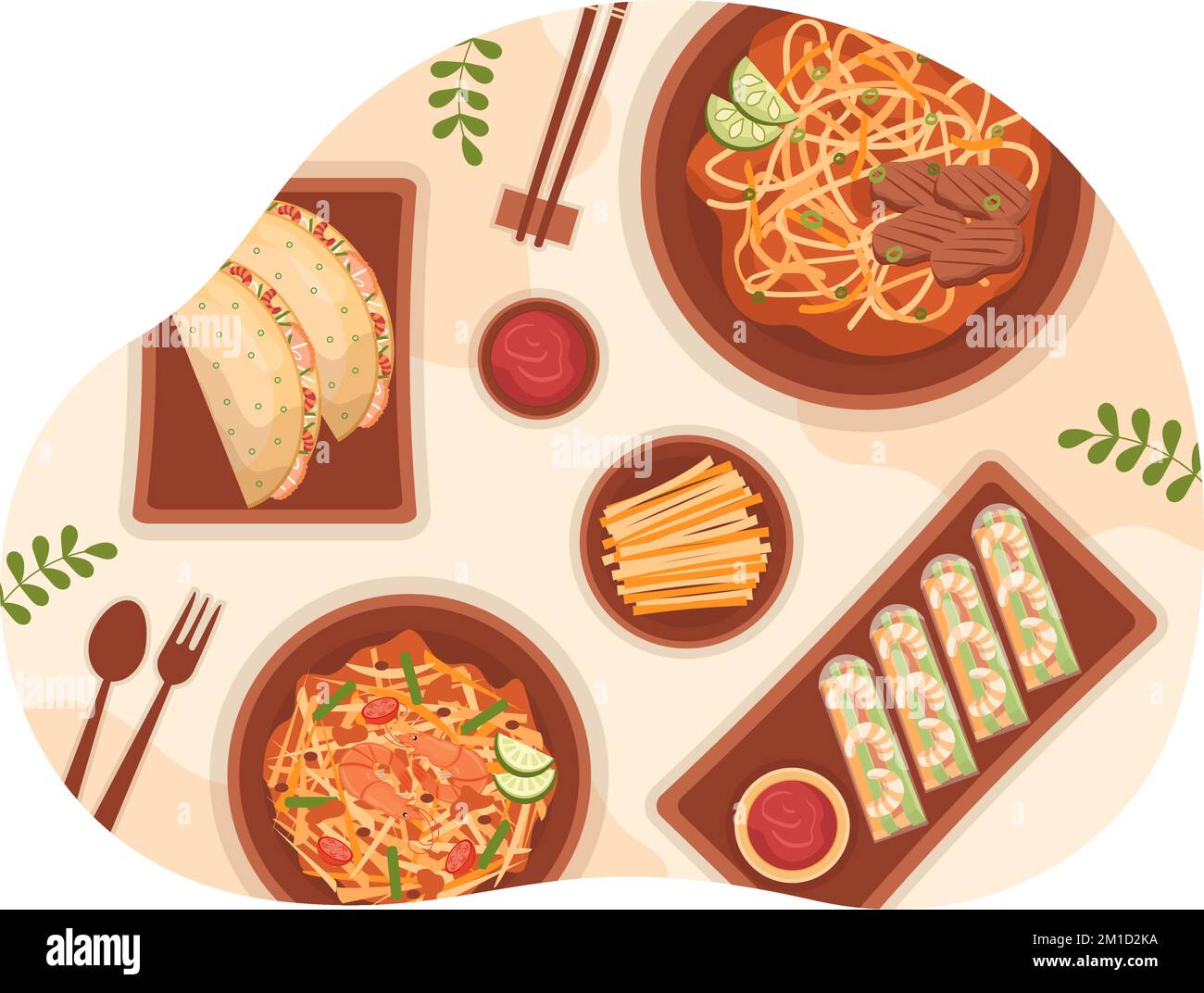 Vietnamita Food Restaurant Menu con collezione di vari piatti deliziosi cucina in stile piatto Cartoon Hand Drawed Templates Illustrazione Illustrazione Vettoriale