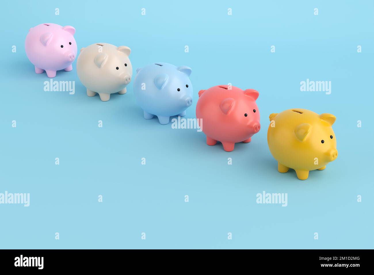 Piggy Banks color pastello in fila su sfondo blu. Risparmio di denaro, pianificazione finanziaria e concetti di leadership. Rendering 3D. Foto Stock