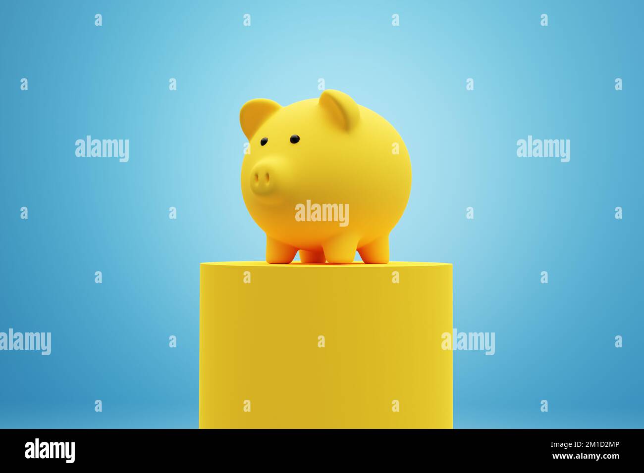 Giallo piggy bank su un podio con sfondo blu. Risparmio di denaro, investimenti finanziari e concetti di bilancio familiare. Rendering 3D. Foto Stock