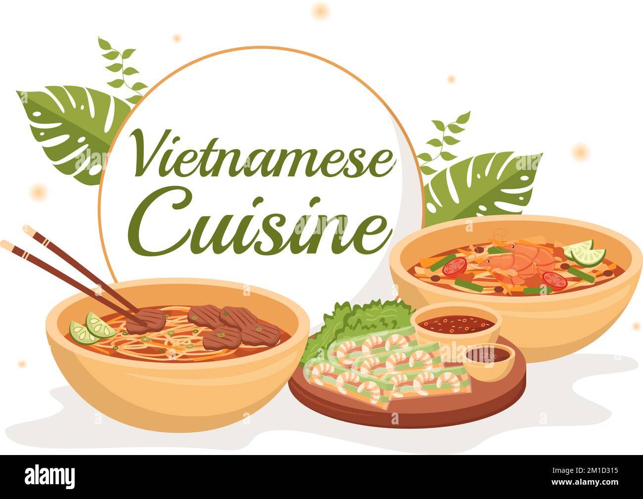 Vietnamita Food Restaurant Menu con collezione di vari piatti deliziosi cucina in stile piatto Cartoon Hand Drawed Templates Illustrazione Illustrazione Vettoriale