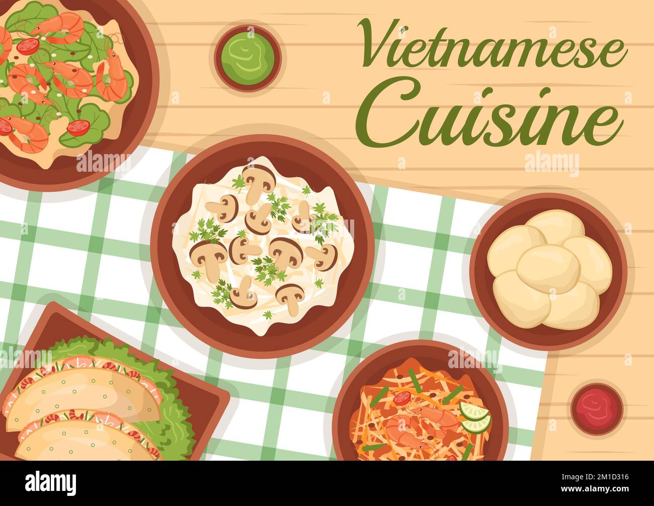 Vietnamita Food Restaurant Menu con collezione di vari piatti deliziosi cucina in stile piatto Cartoon Hand Drawed Templates Illustrazione Illustrazione Vettoriale