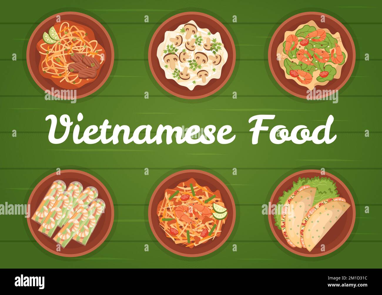 Vietnamita Food Restaurant Menu con collezione di vari piatti deliziosi cucina in stile piatto Cartoon Hand Drawed Templates Illustrazione Illustrazione Vettoriale