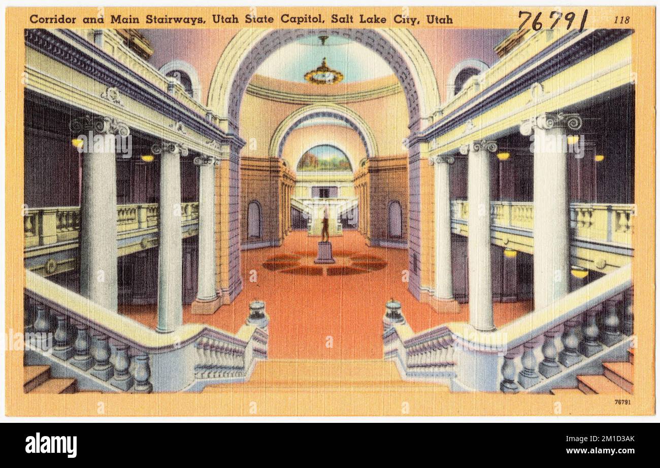 Corridoio e scale principali, Utah state Capitol, Salt Lake City, Utah , Capitols, Tichnor Brothers Collection, cartoline degli Stati Uniti Foto Stock
