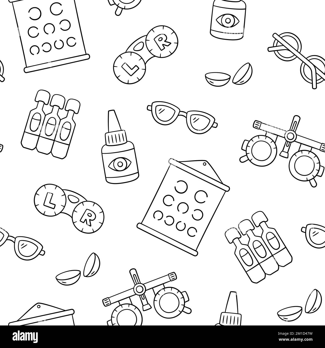 Oftalmologia, optometria disegno a mano senza cuciture. Tabella dei test di visione, lenti a contatto, collirio e occhiali in stile doodle. Optometria doodle Illustrazione Vettoriale