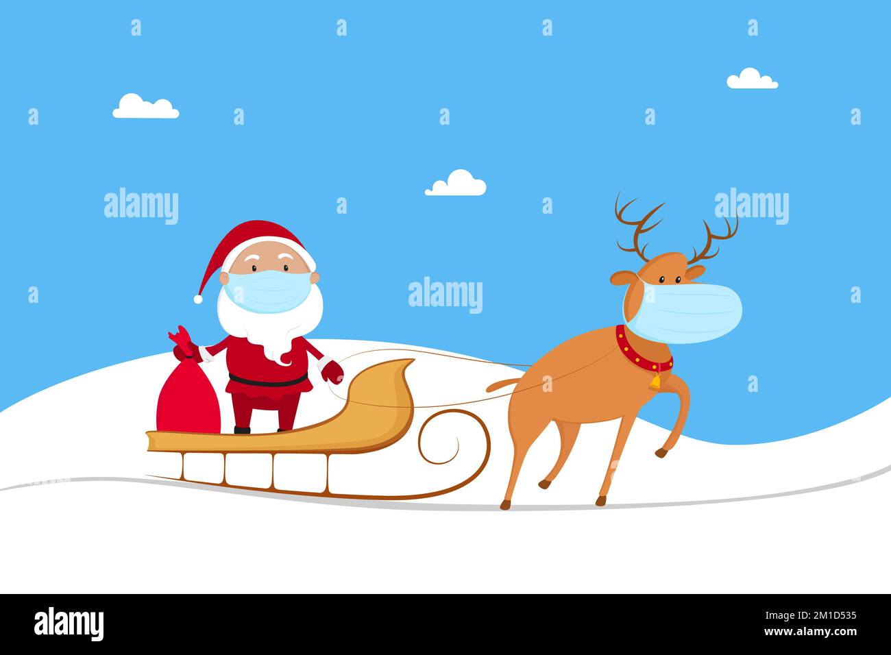 Babbo Natale in maschera medica cavalcando su slitta renne. Anno nuovo 2021. Illustrazione vettoriale. Illustrazione Vettoriale