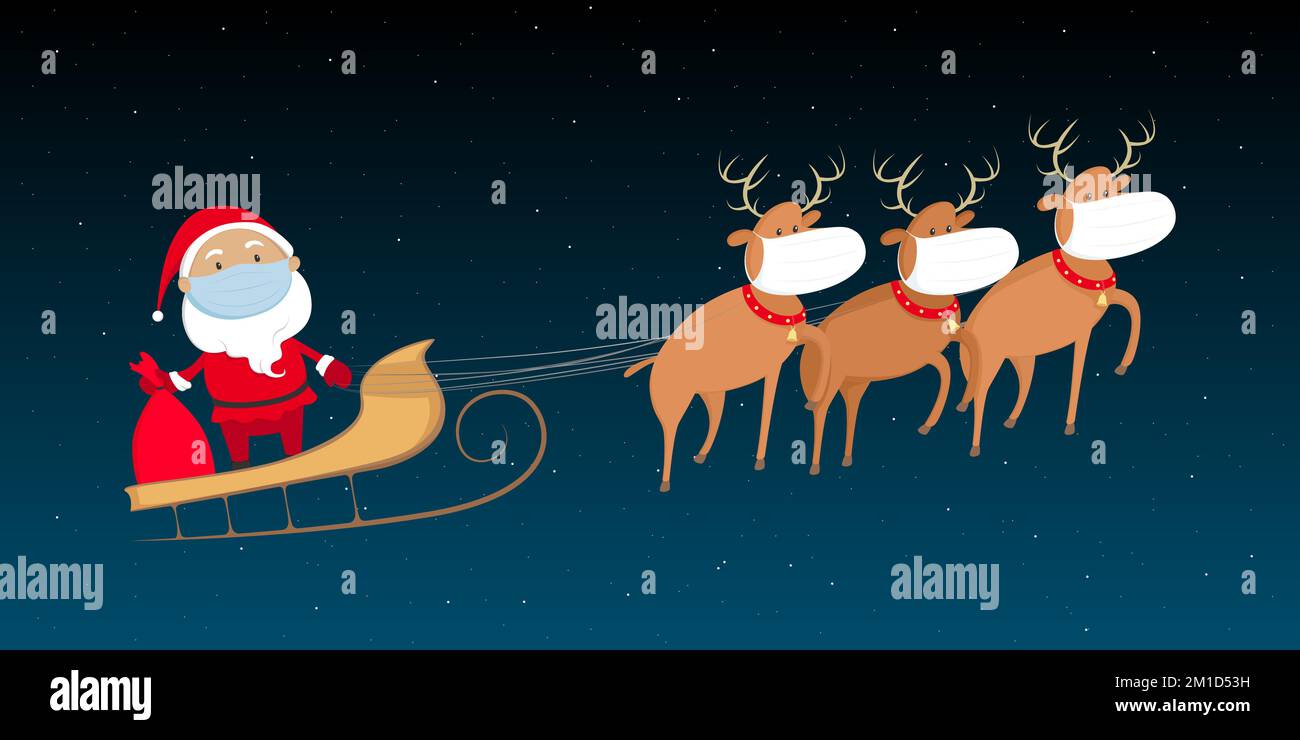 Babbo Natale in maschera medica volare su slitta renne. Natale 2020. Illustrazione vettoriale. Illustrazione Vettoriale