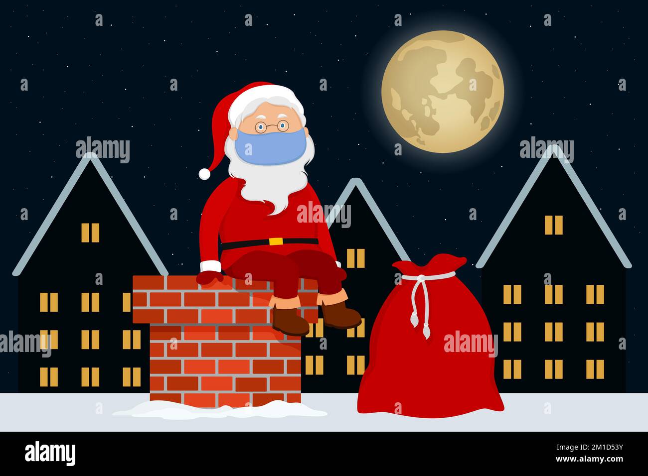 Santa in maschera di fronte seduta sul camino. Illustrazione vettoriale. Illustrazione Vettoriale