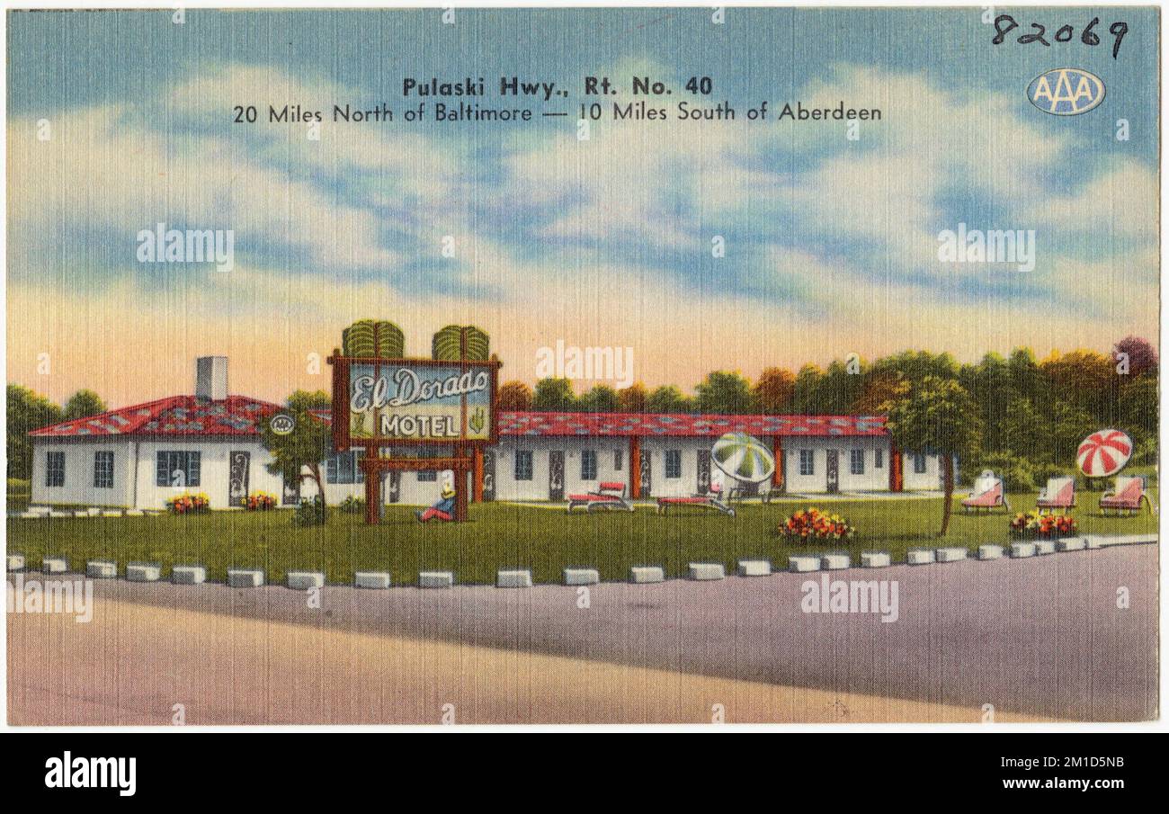 El Dorado Motel, Pulaski Hwy., Rt. 40, 20 miglia a nord di Baltimora -- 10 miglia a sud di Aberdeen , Motel, Tichnor Brothers Collection, cartoline degli Stati Uniti Foto Stock
