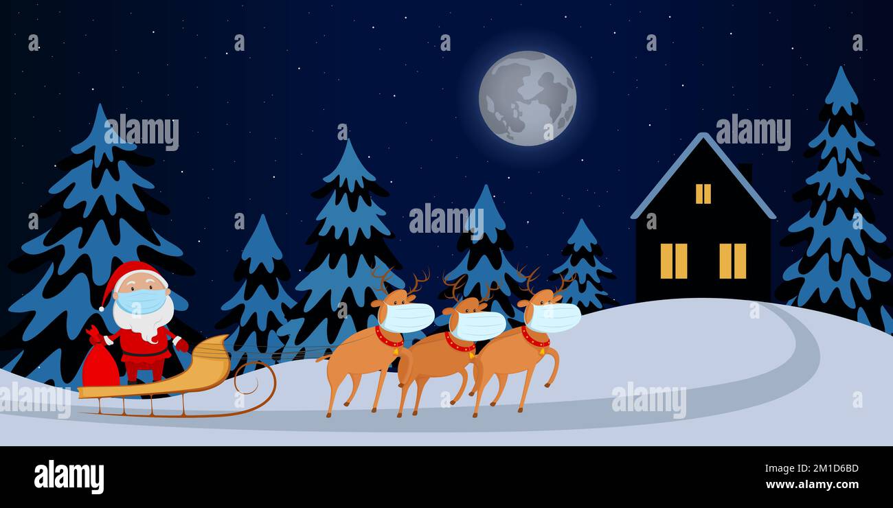 Babbo Natale in maschera viso con regali su una slitta con renne. Cartone animato. Illustrazione vettoriale. Illustrazione Vettoriale
