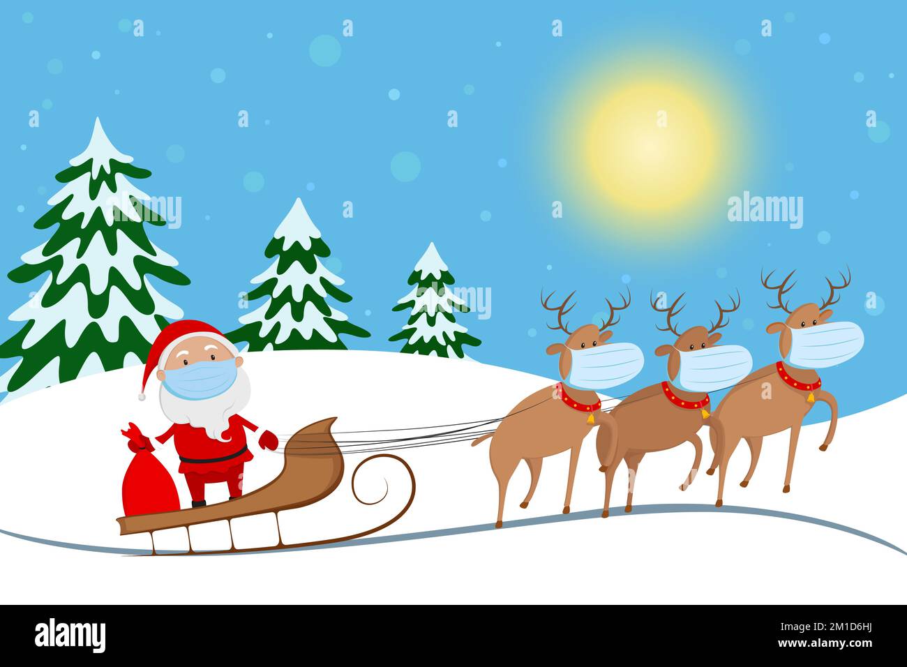 Babbo Natale in maschera medica cavalcando su slitta renne. Cartone animato. Illustrazione vettoriale. Illustrazione Vettoriale