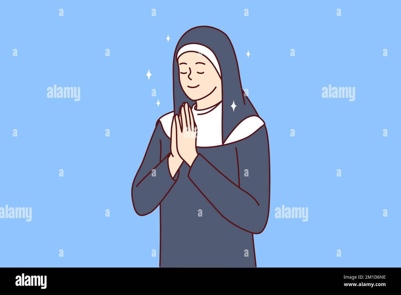 Donna positiva nei vestiti della suora cattolica che chiude gli occhi che prega girandosi a Dio per aiuto o consiglio. La ragazza che prega con le palme attaccate davanti al petto esegue il rituale religioso. Illustrazione del vettore piatto Illustrazione Vettoriale