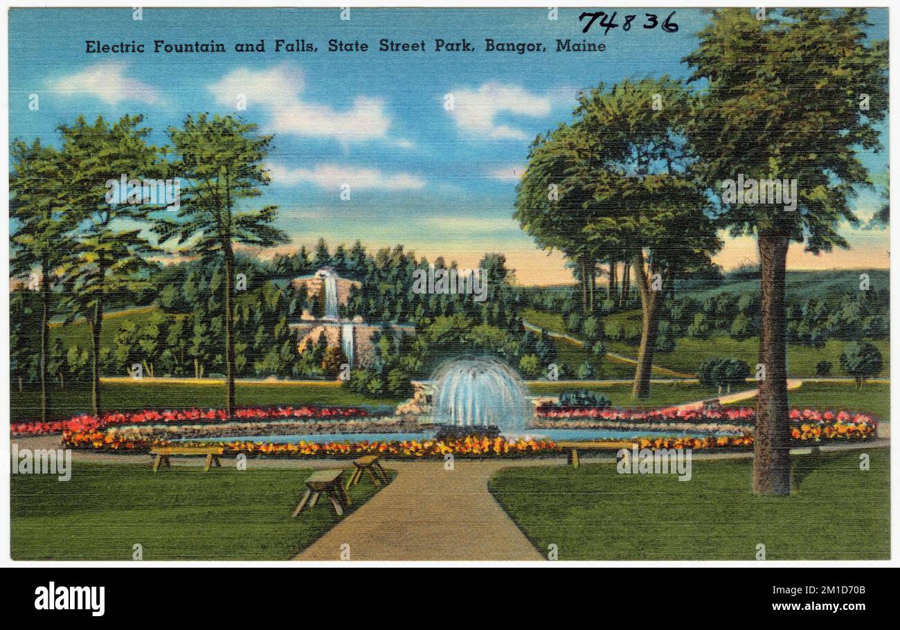 Fontana elettrica e cascate, Parco di Stato, Bangor, Maine , Parchi, Tichnor Brothers Collection, cartoline degli Stati Uniti Foto Stock