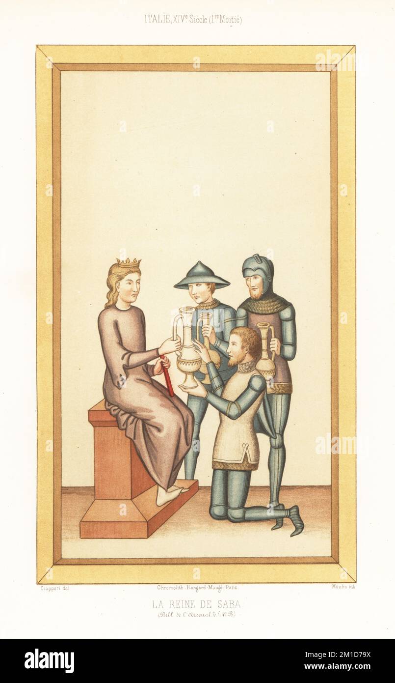 La Regina di Sceba riceve doni dal re Salomone. Salomone e i suoi cavalieri in armatura di piastra, tunica, vizor e casco da bollitore nella moda italiana, all'inizio del 14th ° secolo. La Reine de Saba. Dalla MS T.L. 42 B, Bibliotheque de l'Arsenal. Italie XIVe Siecle. Chromolithograph di Moulin dopo un'illustrazione di Claudius Joseph Ciappori da Les Arts Somptuaires di Charles Louandre, The Sumputary Arts, Hangard-Mauge, Parigi, 1858. Foto Stock