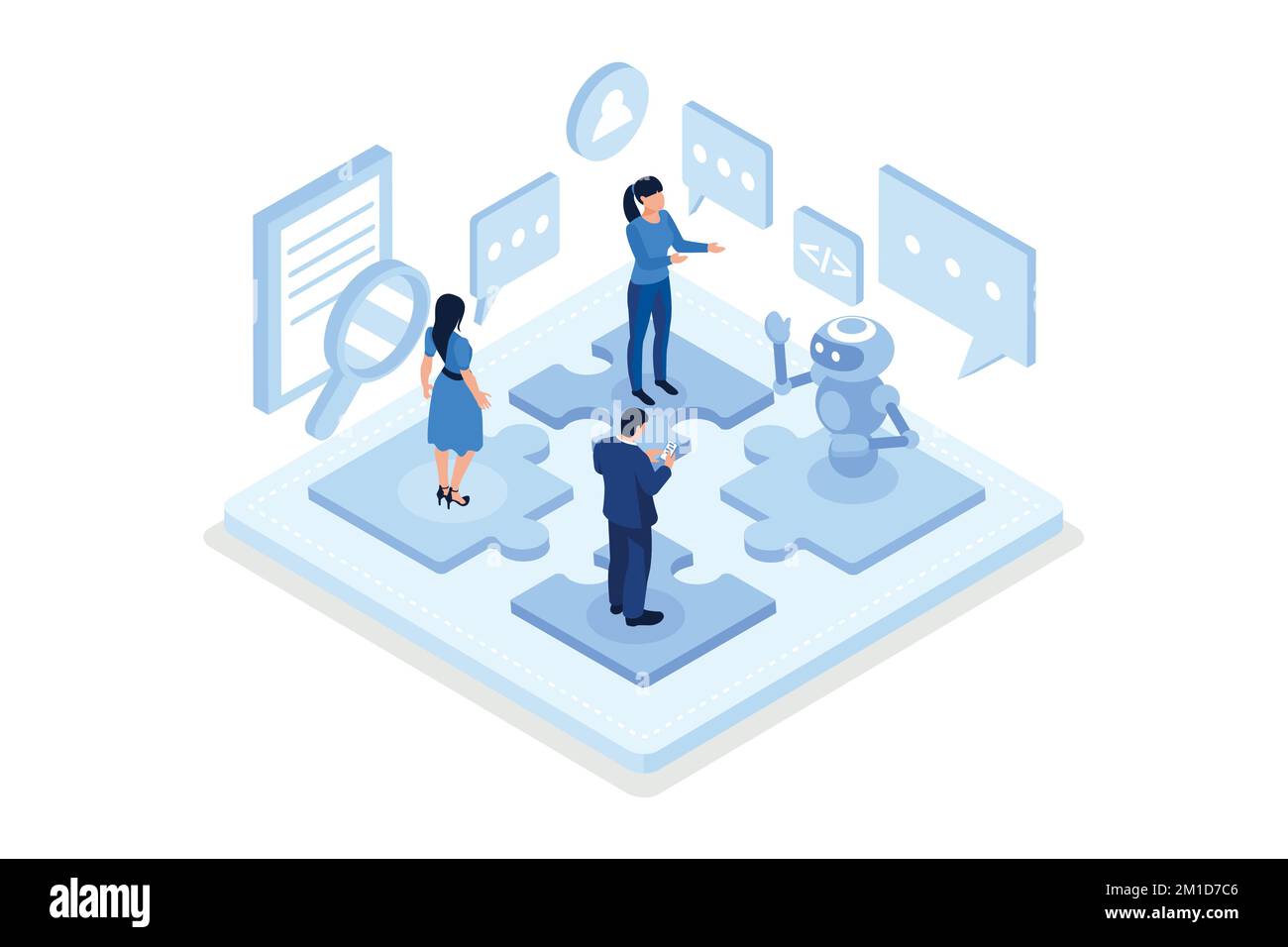 Interazione tra team e robot. Può essere utilizzato per banner Web, infografiche, immagini di eroi, illustrazioni vettoriali isometriche moderne Illustrazione Vettoriale