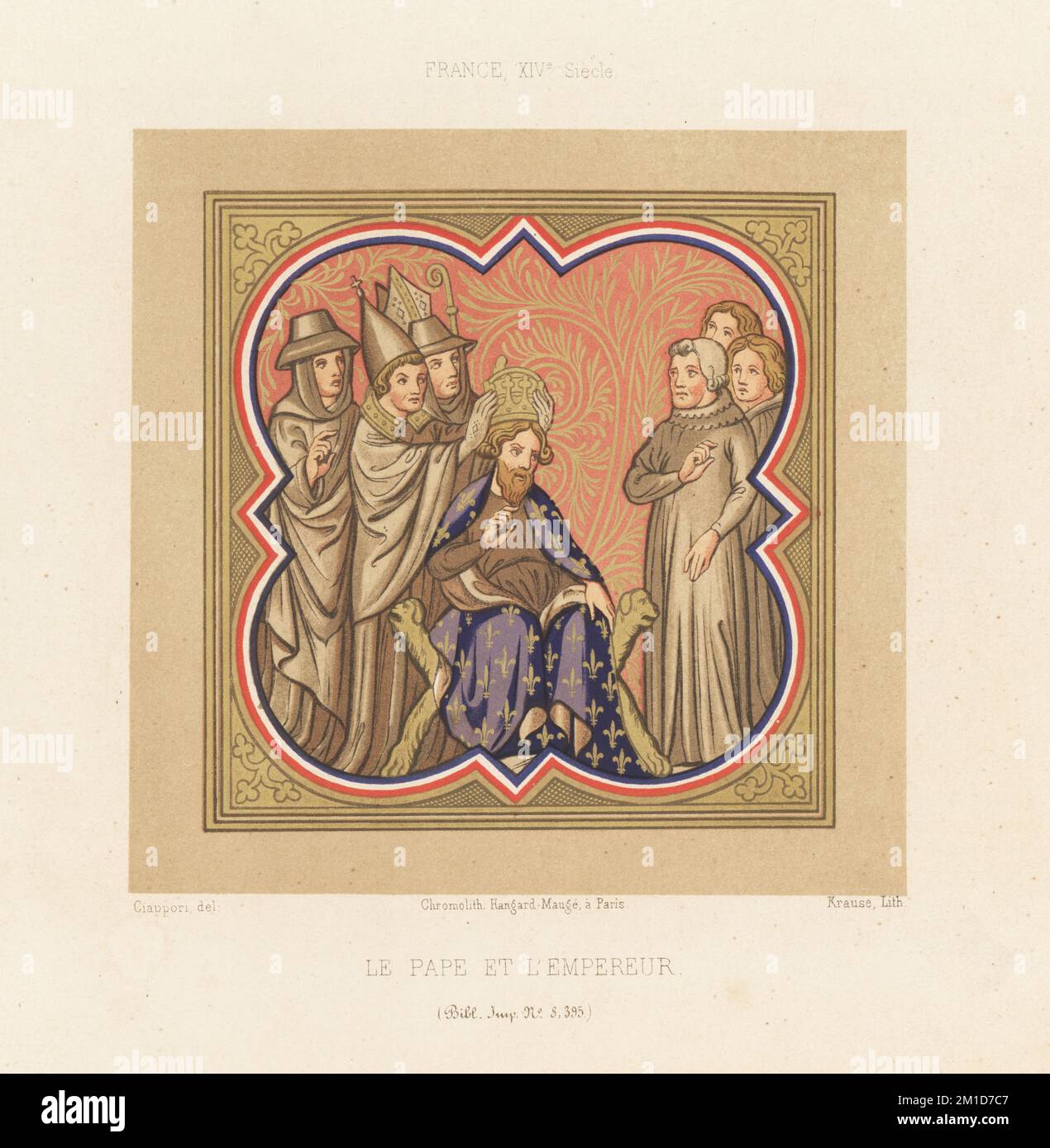 Imperatore del Sacro Romano Impero Carlo Magno incoronato da Papa Leone III nella Basilica di San Pietro, Roma, giorno di Natale, 800. Decorato con tricolore e fleurs de lys. Tratto da una miniatura di Grandes Chroniques de Saint Denis, MS 8395, Bibliotheque Imperiale. Le Pape et l'empereur. Francia XIVe Siecle. Chromolithograph di Krause dopo un'illustrazione di Claudius Joseph Ciappori da Les Arts Somptuaires di Charles Louandre, The Sumputary Arts, Hangard-Mauge, Parigi, 1858. Foto Stock