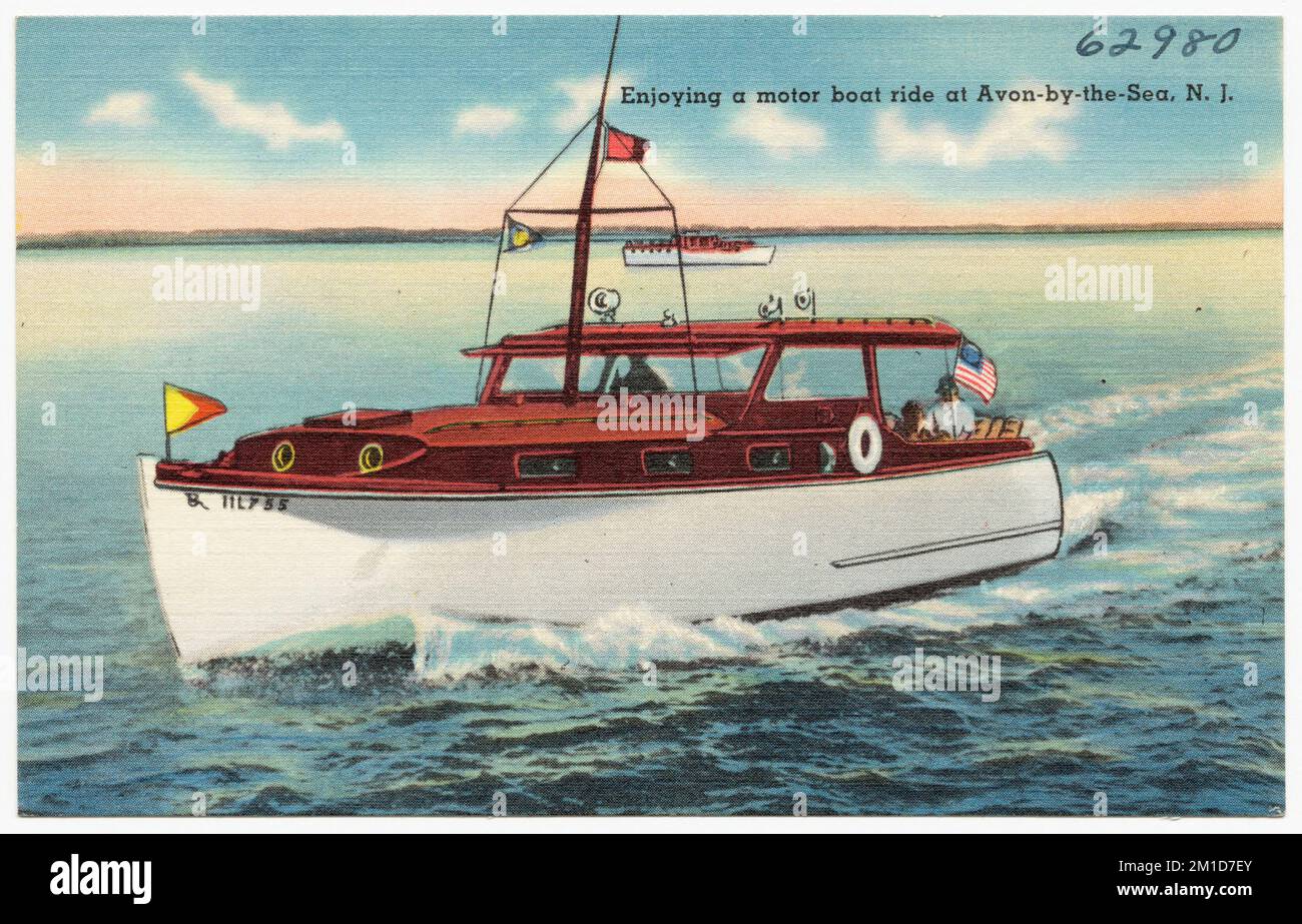 Facendo un giro in motoscafo a Avon-by-the-Sea, N. J., Seas, Boats, Tichnor Brothers Collection, Cartoline degli Stati Uniti Foto Stock