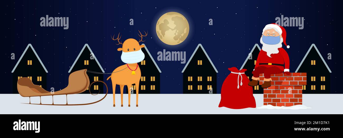 Babbo Natale e renne in maschere sul tetto. Cartone animato. Illustrazione vettoriale. Illustrazione Vettoriale