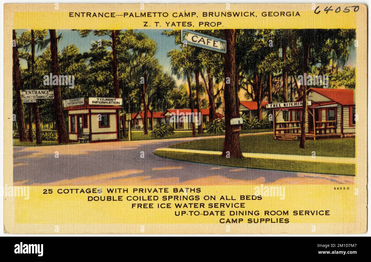 Entrata -- Palmetto Camp, Brunswick, Georgia, 25 cottage con bagni privati, molle a spirale doppia su tutti i letti, servizio gratuito di acqua ghiacciata, servizio di sala da pranzo aggiornato, forniture di campeggio, cabine, Tichnor Brothers Collection, cartoline degli Stati Uniti Foto Stock