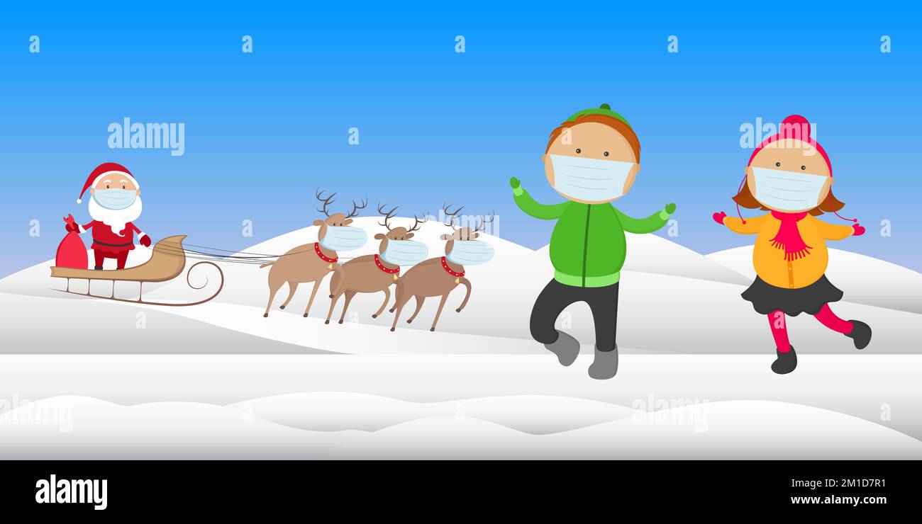 I bambini con maschere protettive incontrano Babbo Natale su una slitta con renne. Illustrazione vettoriale. Illustrazione Vettoriale