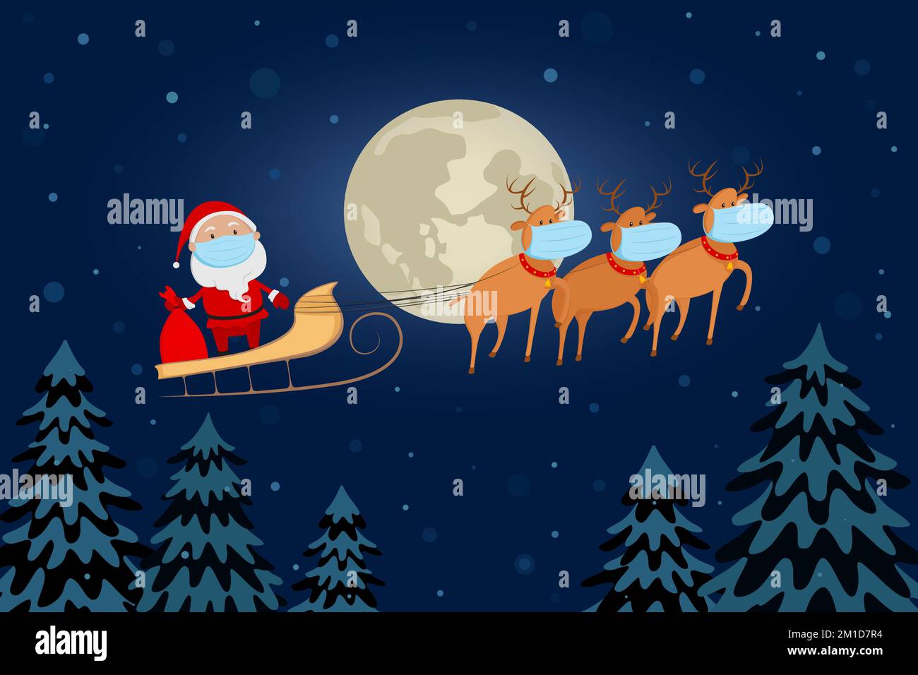 Babbo Natale in maschera medica che vola su una slitta di renne sopra la foresta. Cartone animato. Illustrazione vettoriale. Illustrazione Vettoriale