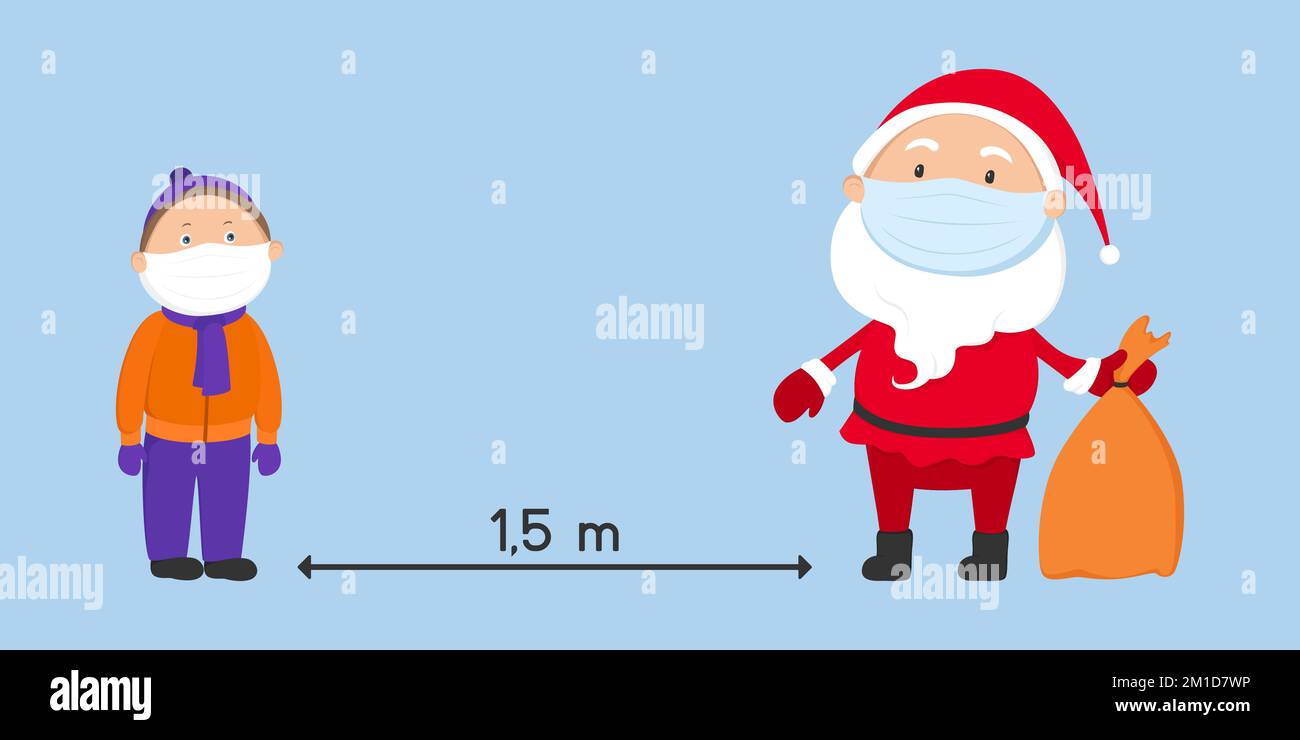 TENERE il poster DELLA DISTANZA. Babbo Natale e bambino in maschere mediche. Illustrazione vettoriale. Illustrazione Vettoriale