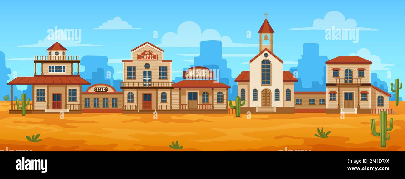 Strada cittadina occidentale. Cartone animato selvaggio paesaggio occidentale con vecchi edifici in legno, scenario rurale della città con banca hotel cowboy saloon case. Illustrazione vettoriale Illustrazione Vettoriale