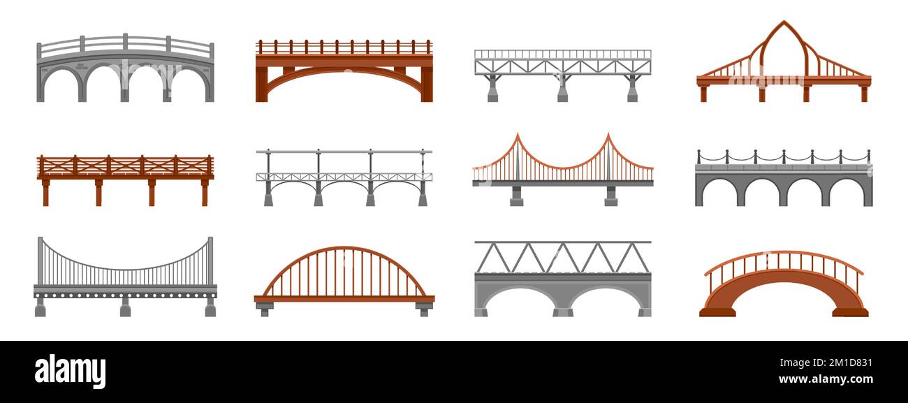 Collezione Bridge. Ferrovia campata ferro legno metallo cemento pietra ponte pedonale, città industriale costruzione architettonica cartoon stile piatto. Vettore Illustrazione Vettoriale