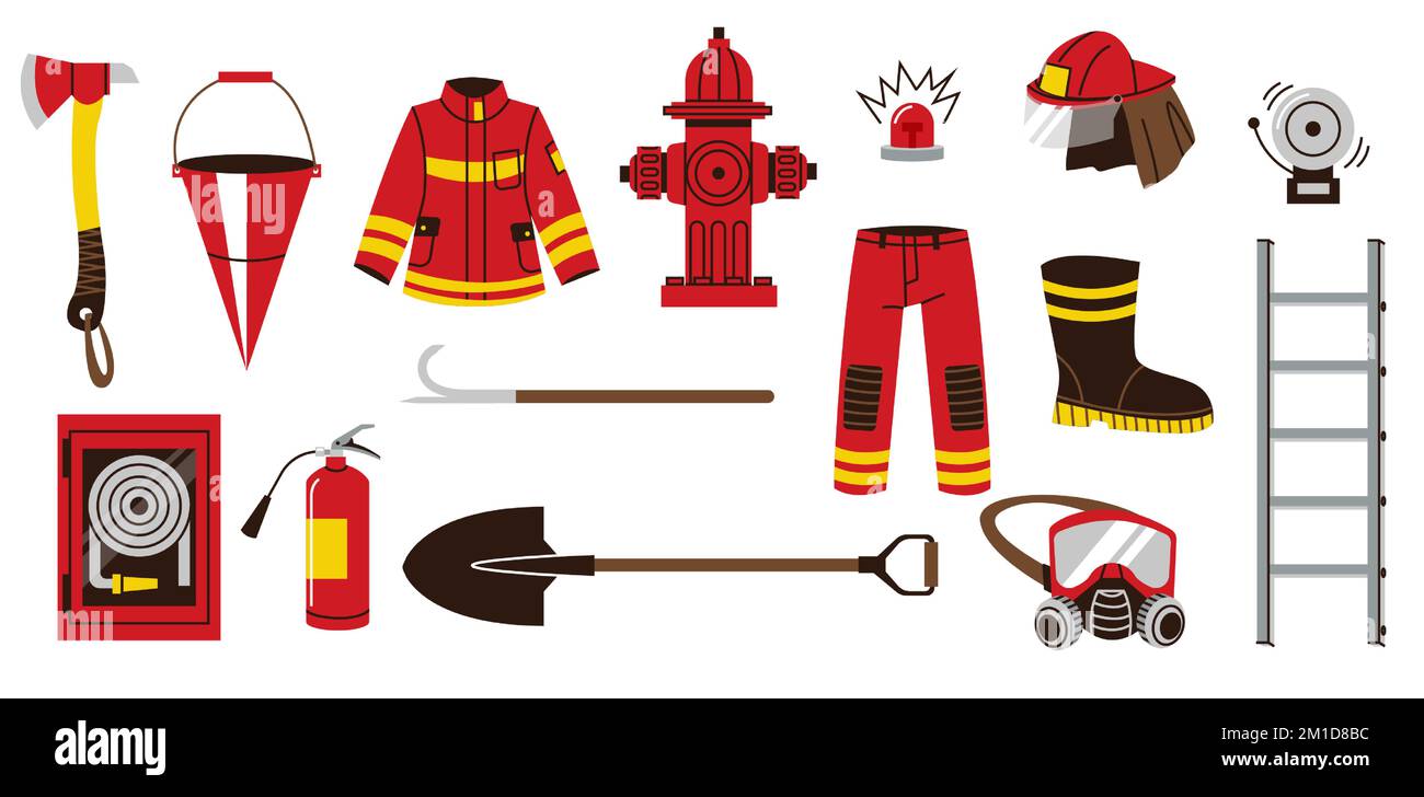 Attrezzature antincendio. Cartoon pompieri strumenti doodle piatto stile, pompiere icone Axe secchio tubo idrante casco concetto di sicurezza. Set con isolamento vettoriale Illustrazione Vettoriale