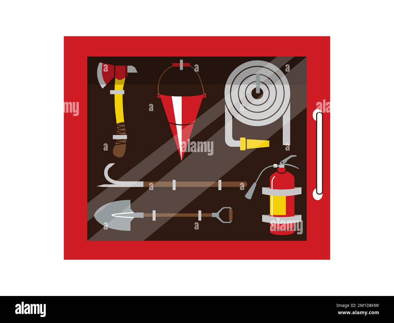 Armadio antincendio. Cassetta di emergenza con protezione di salvataggio attrezzature antincendio, estintore tubo acqua idrante cartone animato stile piatto. Set con isolamento vettoriale Illustrazione Vettoriale