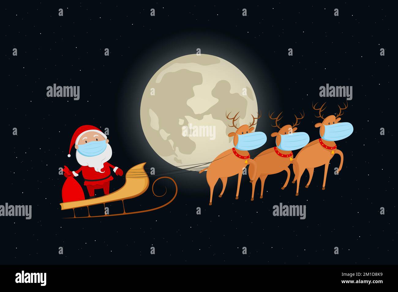 Babbo Natale in maschera medica che vola su una slitta di renne. Cartone animato. Illustrazione vettoriale. Illustrazione Vettoriale