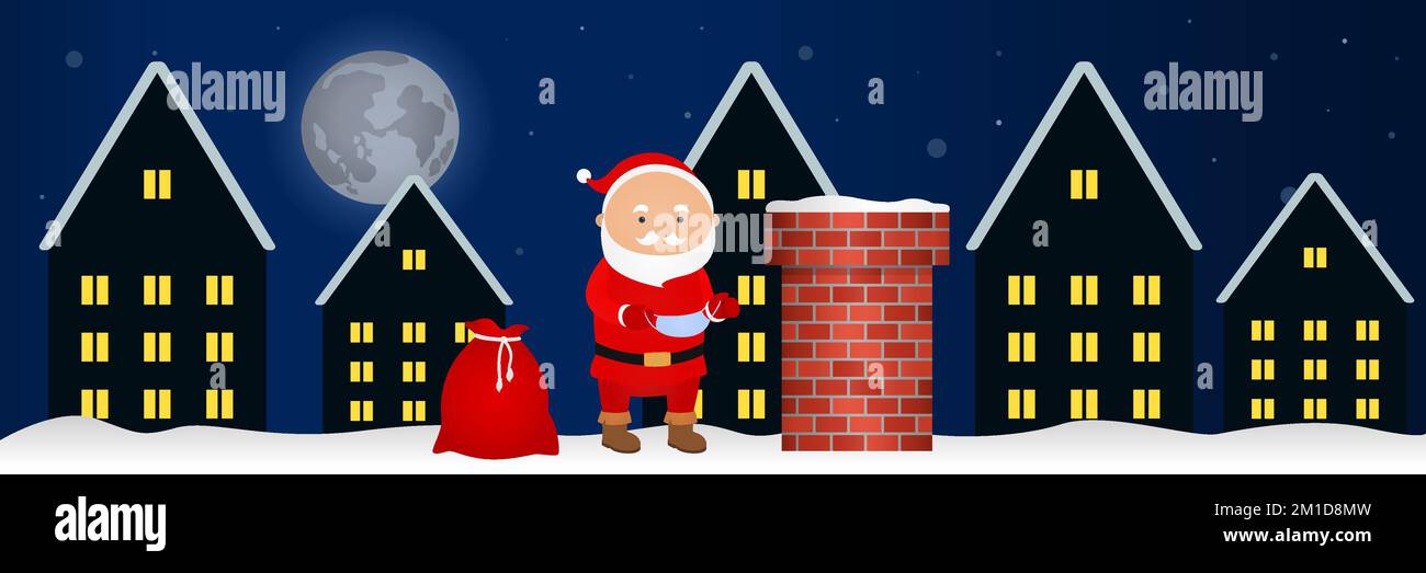 Babbo Natale messo su maschera di fronte prima di scendere camino. Illustrazione vettoriale. Illustrazione Vettoriale