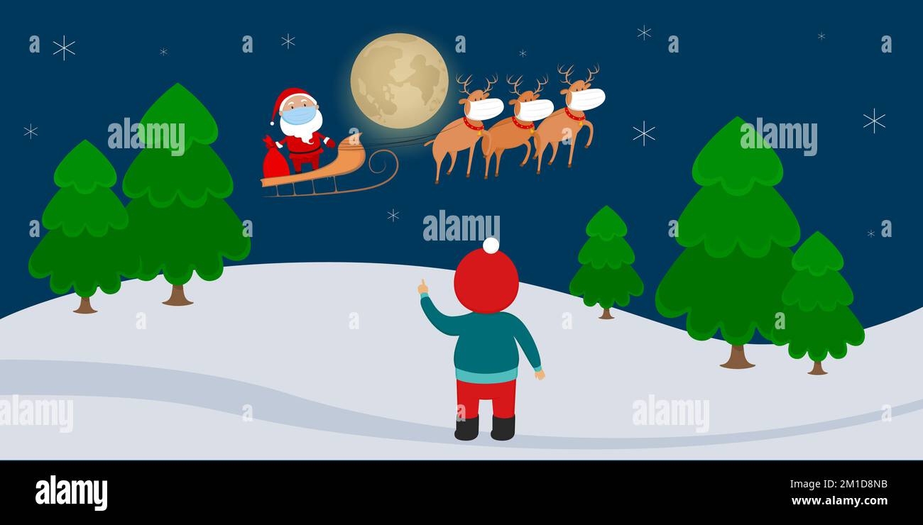 Punto del bambino a Babbo Natale in maschera medica che vola sulla slitta delle renne. Illustrazione vettoriale. Illustrazione Vettoriale