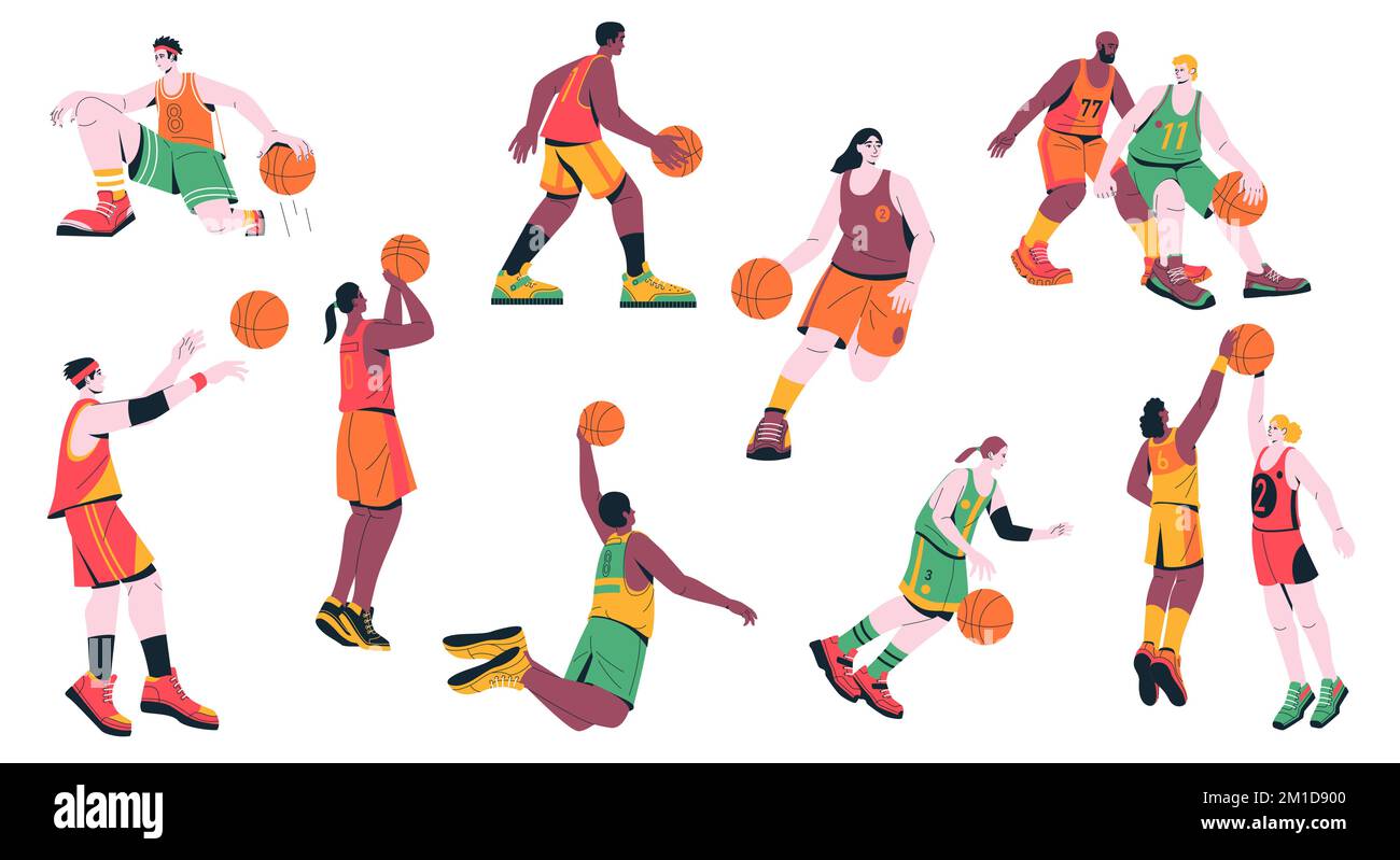 Giocatori di basket. Cartoon personaggi maschili e femminili che giocano a sport gioco dribbling saltando lancio palla nel basket, atleti in posa dinamica. Vettore Illustrazione Vettoriale