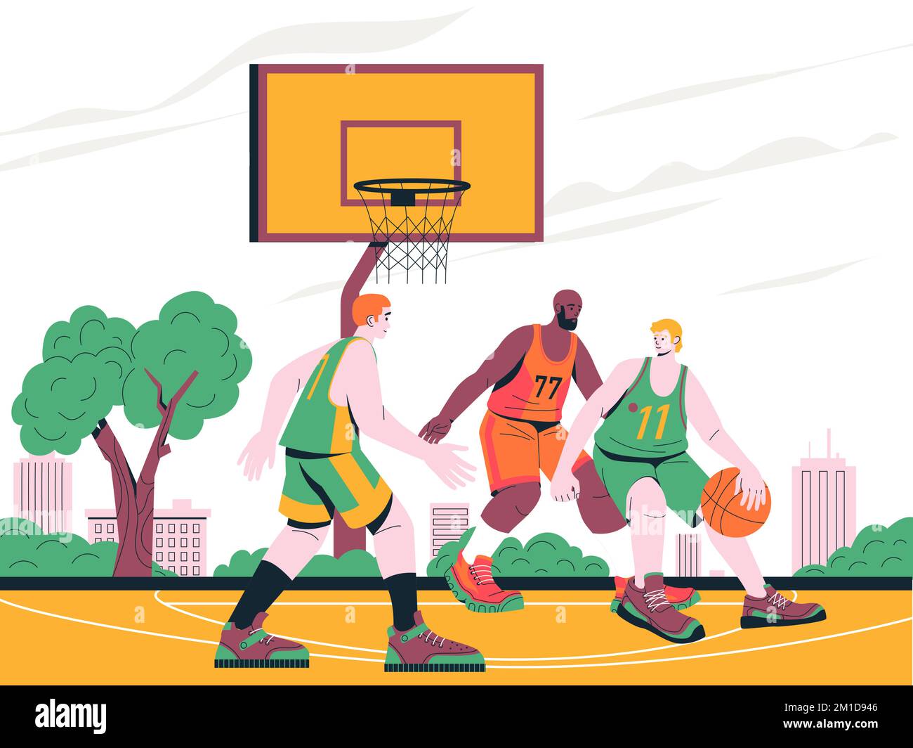 Illustrazione della partita di basket. Giocatori di cartoni animati che giocano a palla sul campo all'aperto con basket, attività sportive concetto con paesaggio urbano. Vettore Illustrazione Vettoriale