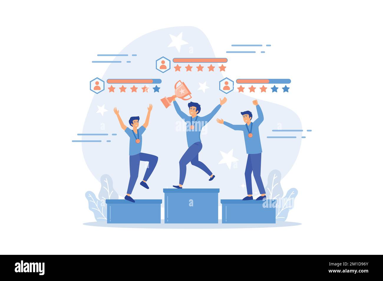 Le persone più piccole vinceranno gli sportivi sul podio con stelle di valutazione. Sistema di valutazione sportiva, valutazione dei giocatori di squadra, concetto di misurazione della forza competitiva, vettore piatto Illustrazione Vettoriale