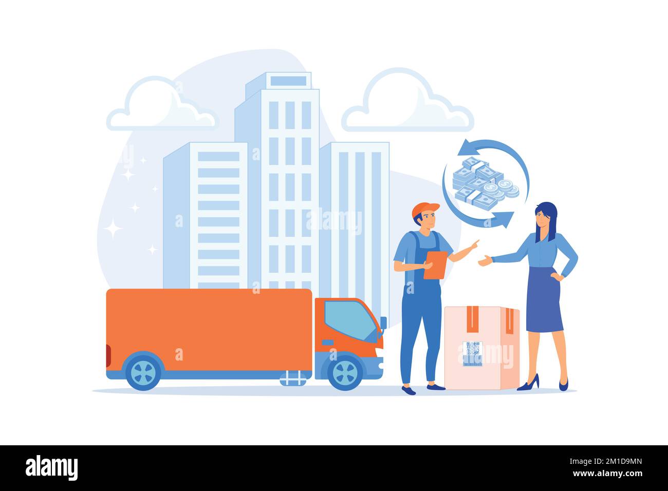 Illustrazione del vettore piatto del servizio di consegna rapida. Trasporto merci urbano, trasporto merci, rimborso in contanti, concetto di restituzione pacchi, vecto piano Illustrazione Vettoriale