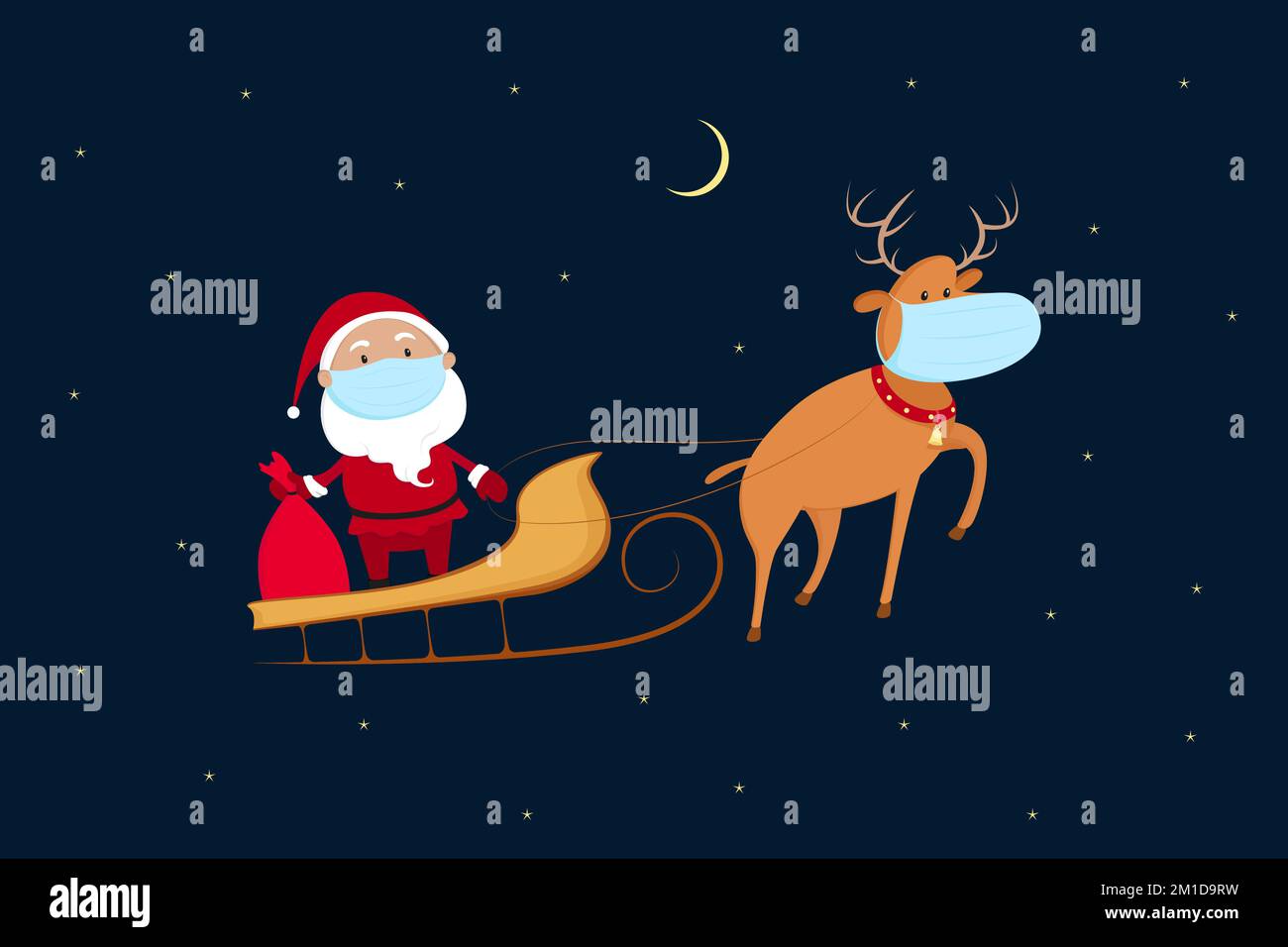 Babbo Natale in maschera medica volare su slitta renne. Pandemia Natale 2020. Illustrazione vettoriale. Illustrazione Vettoriale