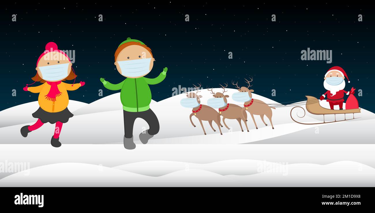I bambini in maschere mediche incontrano Babbo Natale su una slitta con renne. Illustrazione vettoriale. Illustrazione Vettoriale