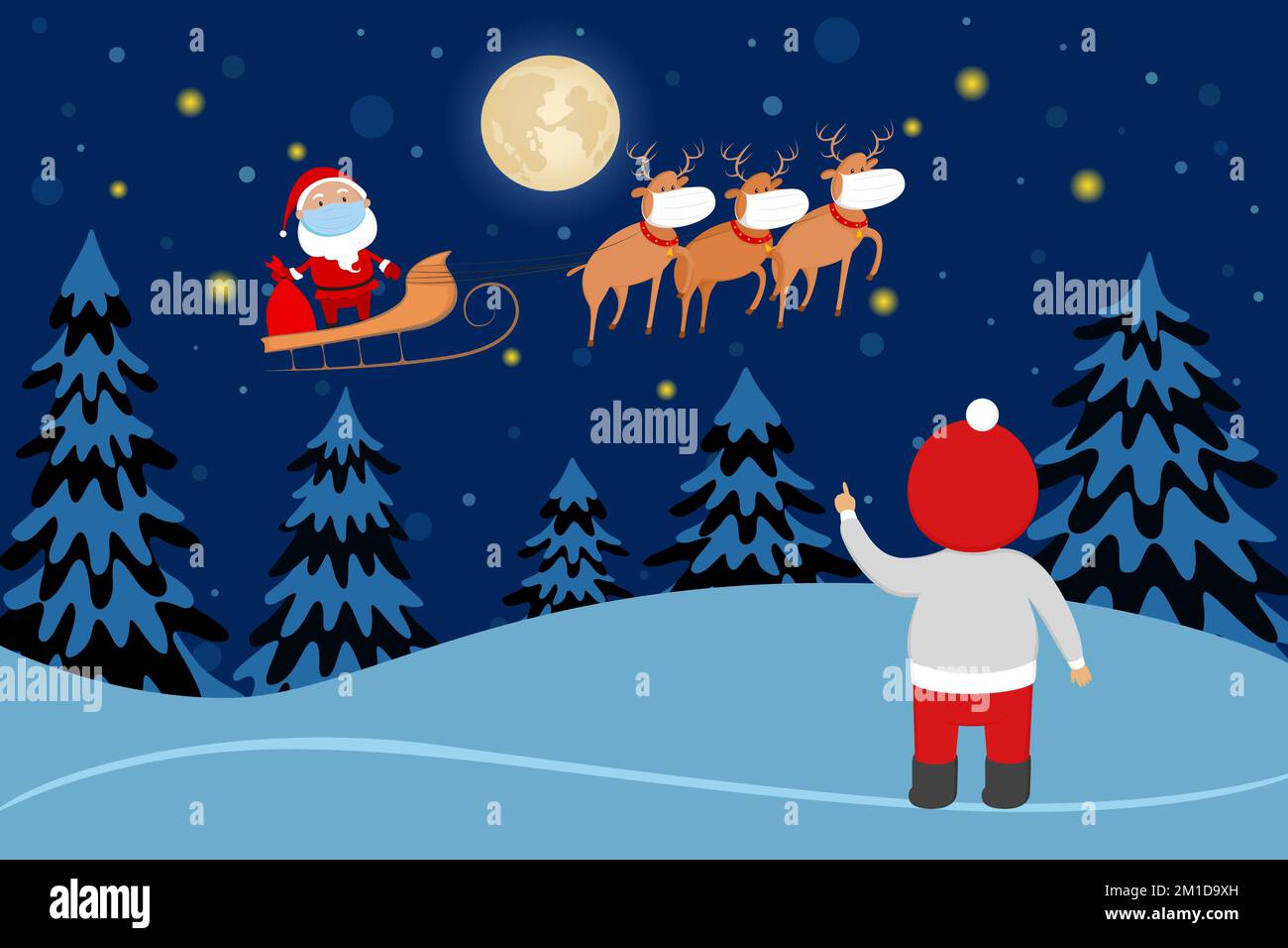 Boy Point a Babbo Natale in maschera medica volare su una slitta di renne. Illustrazione vettoriale. Illustrazione Vettoriale