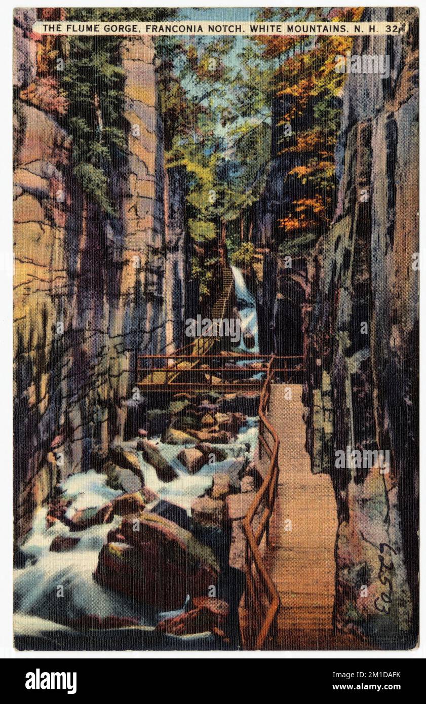 The Flume Gorge, Franconia Notch, White Mountains, N.H. , Cascate, Valli, Tichnor Brothers Collection, cartoline degli Stati Uniti Foto Stock