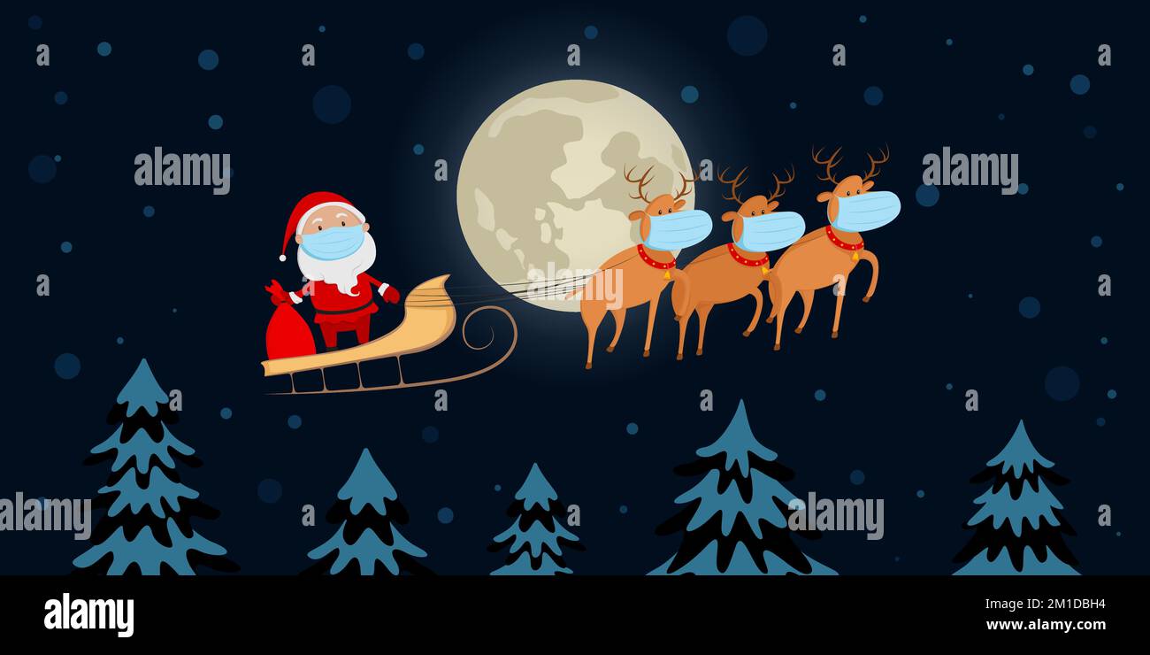 Babbo Natale in maschera medica volare su slitta renne su fondo luna piena. Cartone animato. Illustrazione vettoriale. Illustrazione Vettoriale