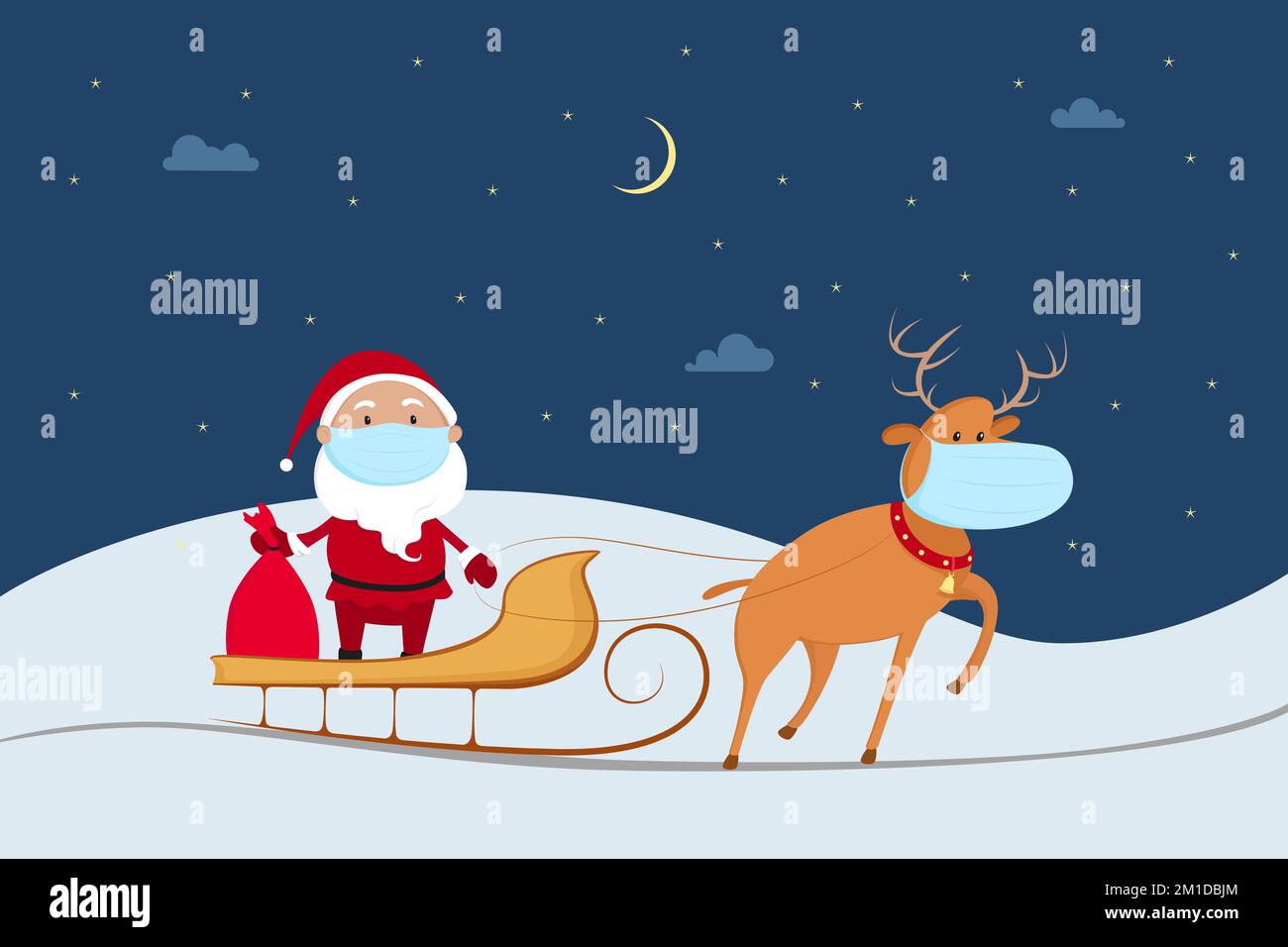 Babbo Natale in maschera medica cavalcando su slitta renne. Pandemia Natale 2020. Illustrazione vettoriale. Illustrazione Vettoriale