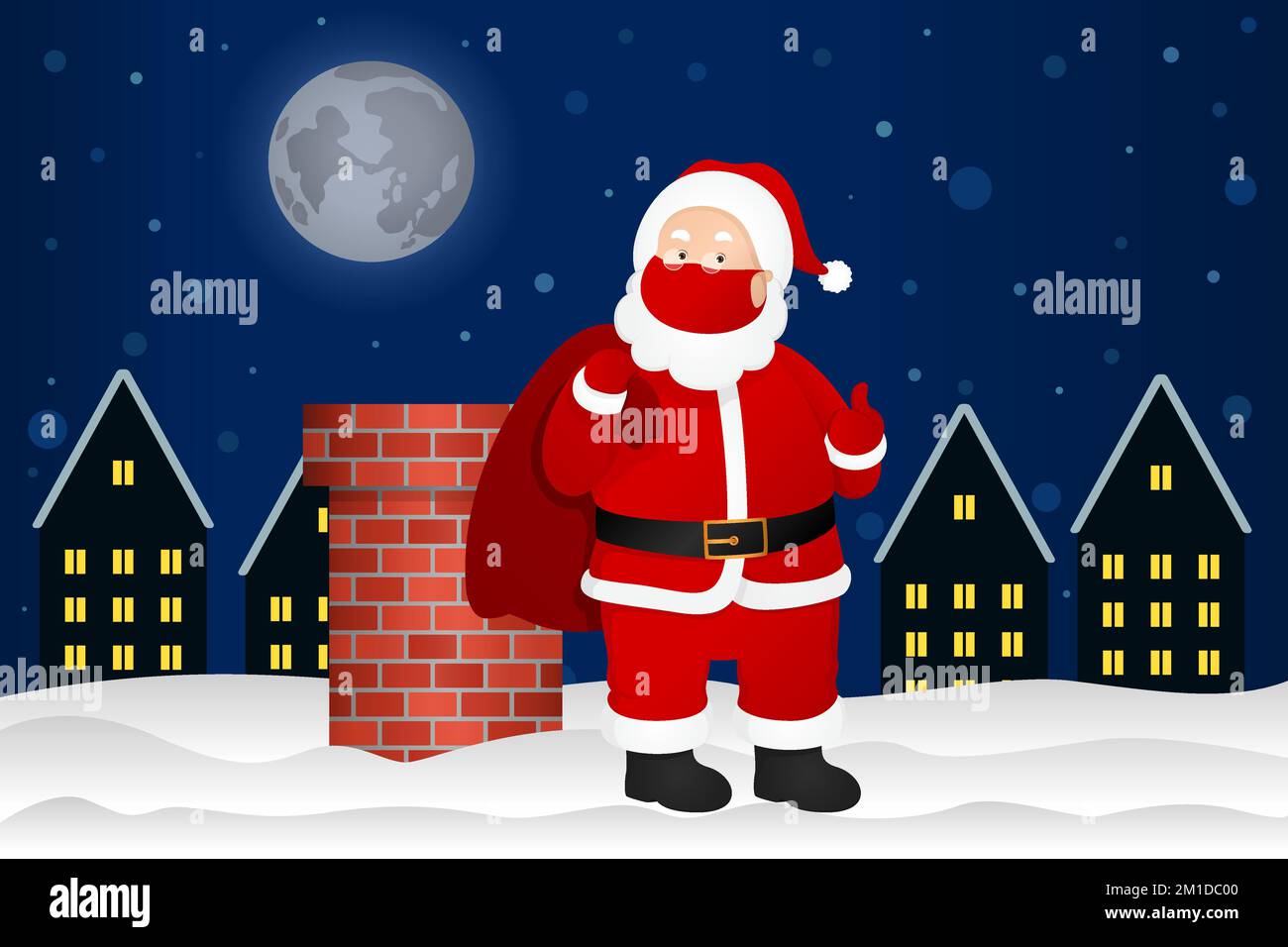 Babbo Natale in maschera in piedi sul tetto. Cartone animato. Illustrazione vettoriale. Illustrazione Vettoriale